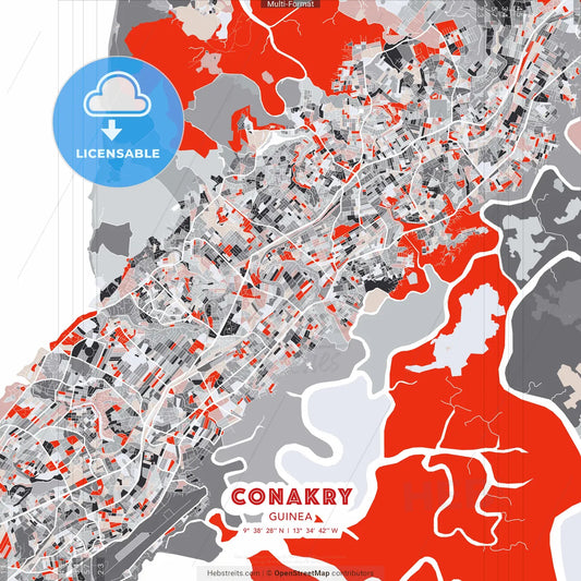 Conakry, Guinea - modern street map poster template with gray and red tones