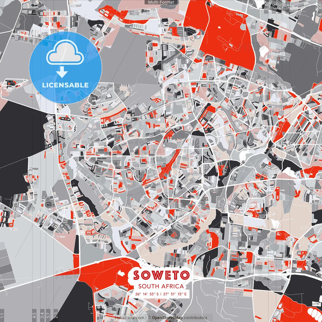 Soweto, South Africa - modern street map poster template with gray and red tones
