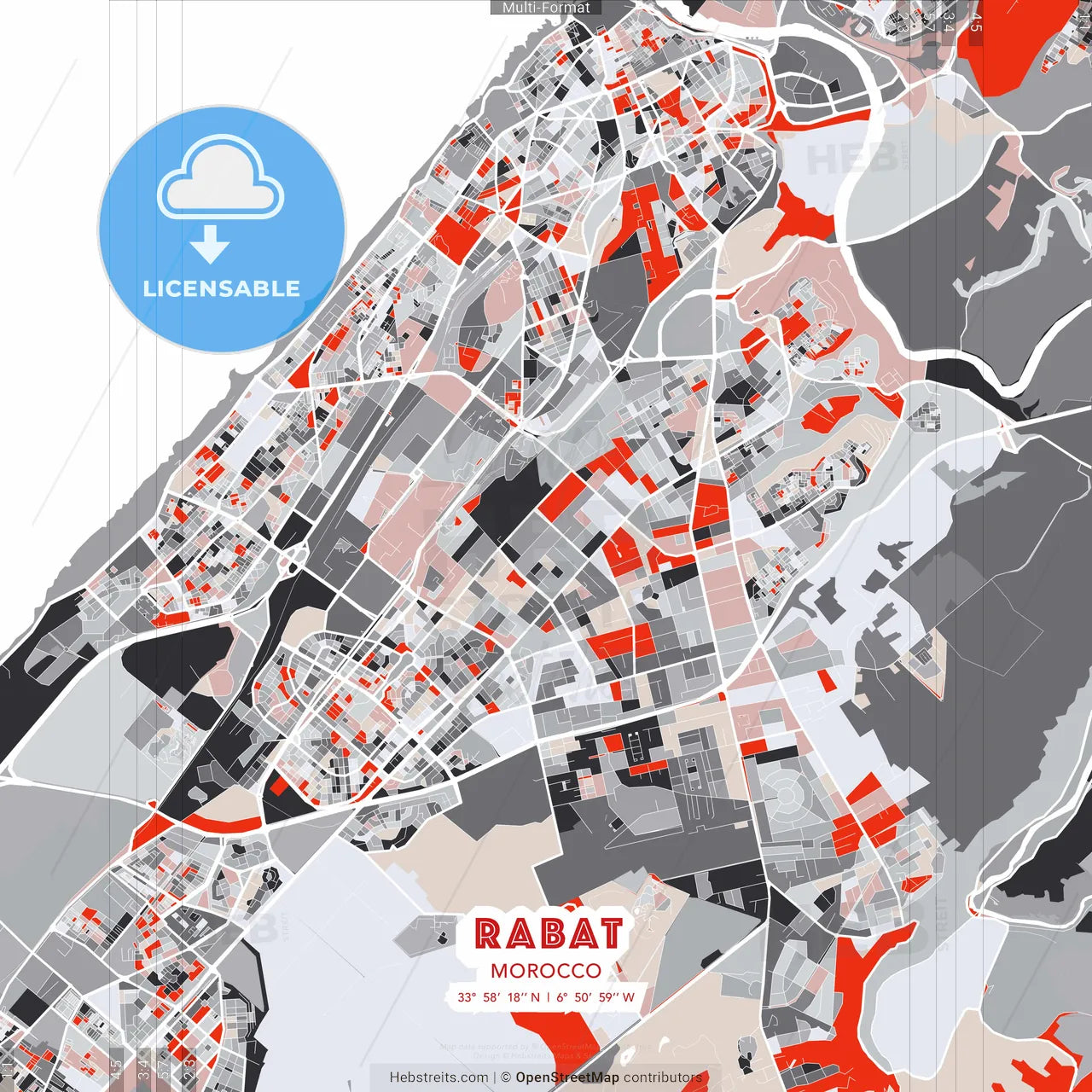 Rabat, Morocco - modern street map poster template with gray and red tones
