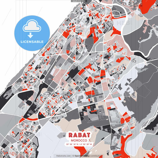 Rabat, Morocco - modern street map poster template with gray and red tones