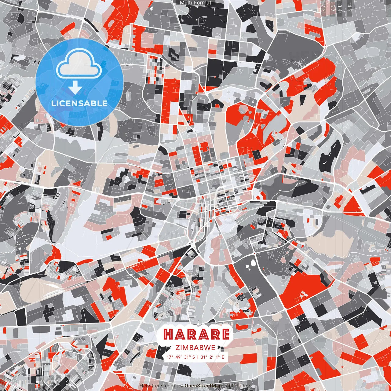 Harare, Zimbabwe - modern street map poster template with gray and red tones