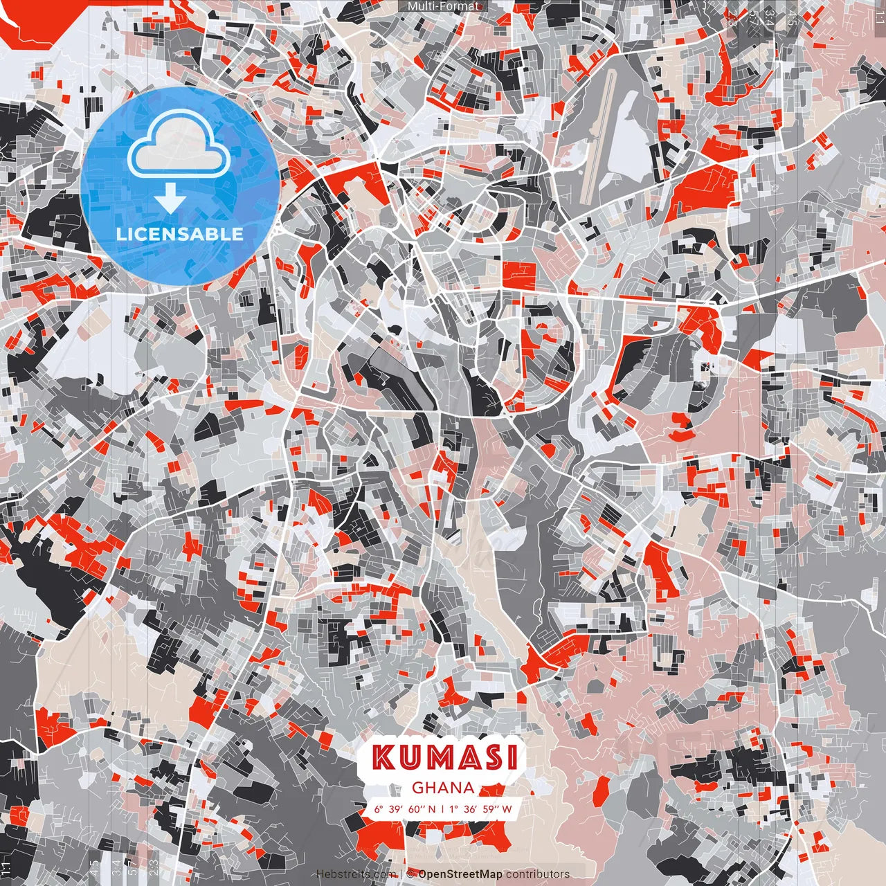Kumasi, Ghana - modern street map poster template with gray and red tones