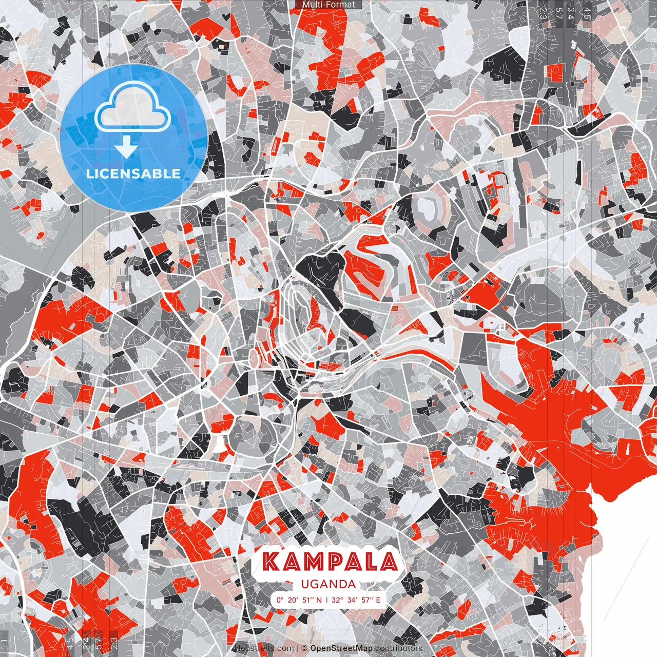 Kampala, Uganda - modern street map poster template with gray and red tones