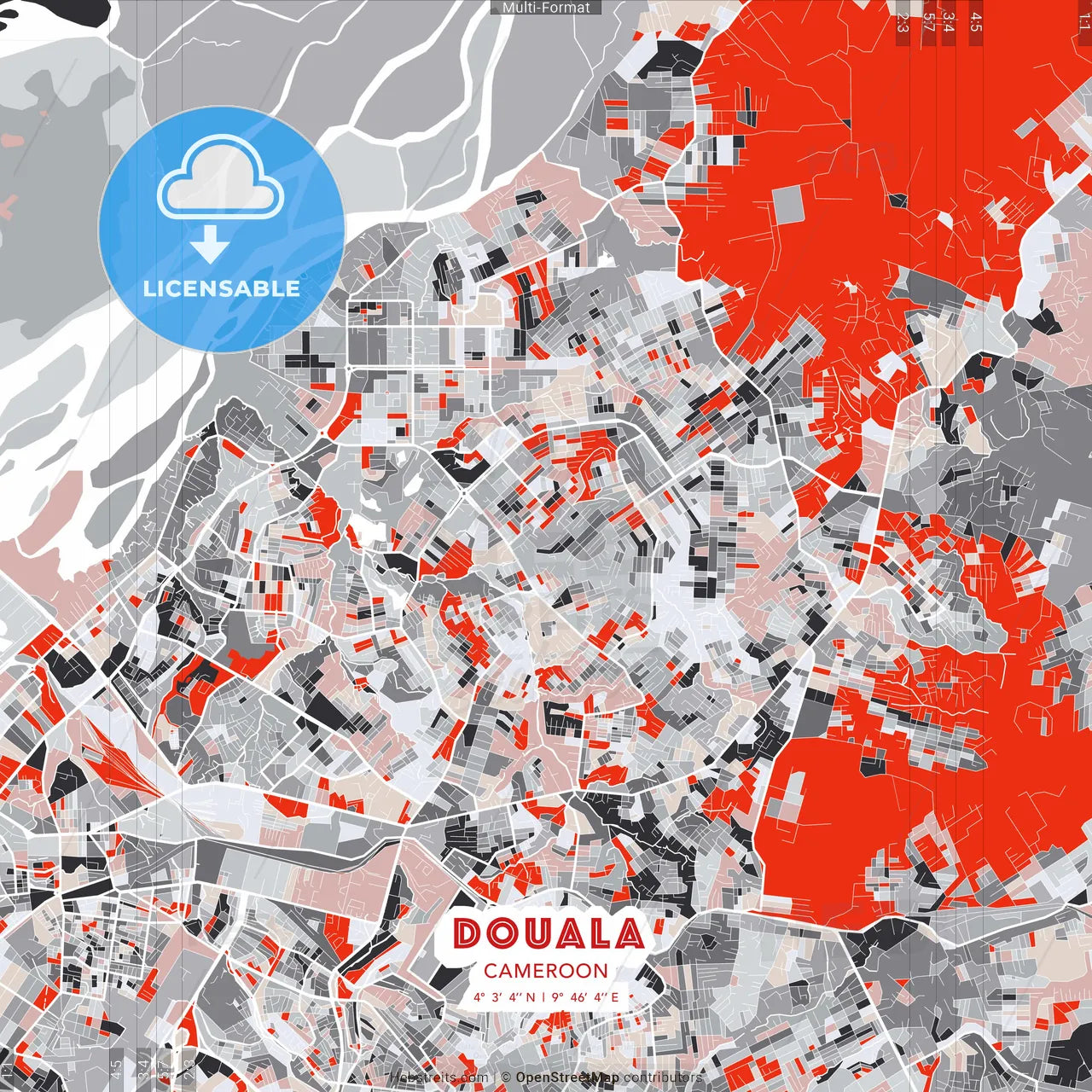 Douala, Cameroon - modern street map poster template with gray and red tones