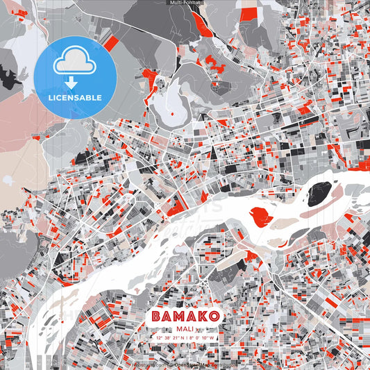 Bamako, Mali - modern street map poster template with gray and red tones