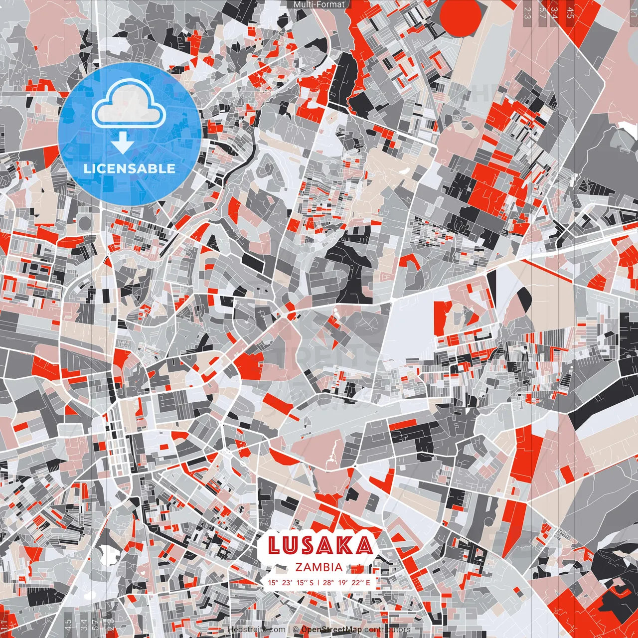 Lusaka, Zambia - modern street map poster template with gray and red tones