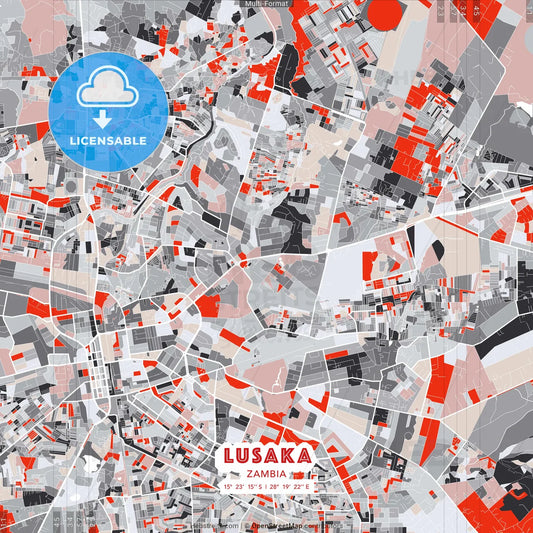 Lusaka, Zambia - modern street map poster template with gray and red tones