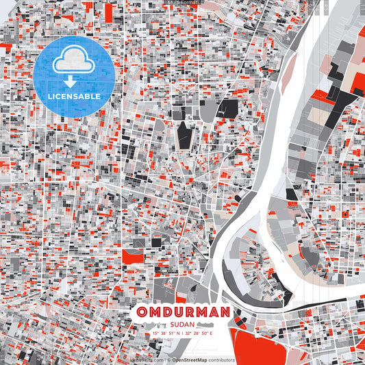 Omdurman, Sudan - modern street map poster template with gray and red tones