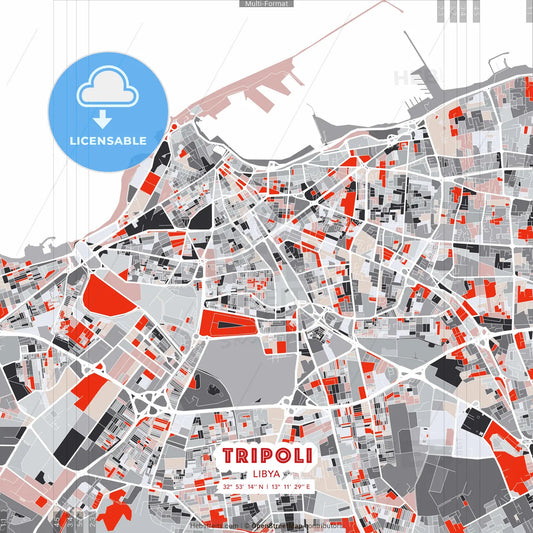 Tripoli, Libya - modern street map poster template with gray and red tones
