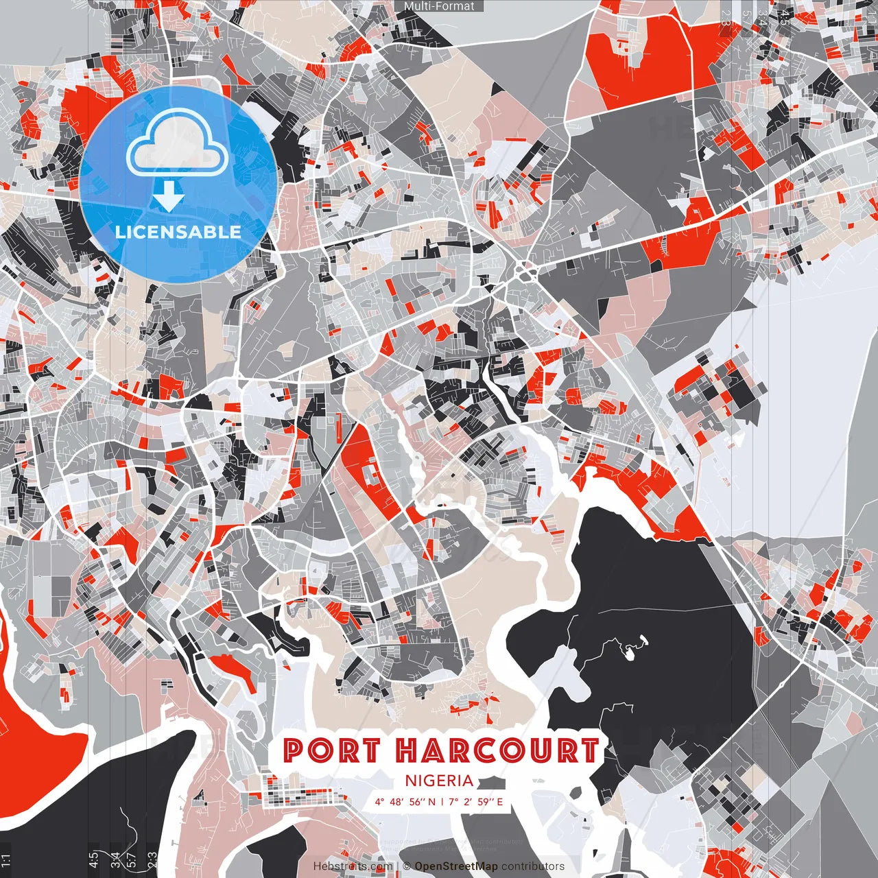 Port Harcourt, Nigeria - modern street map poster template with gray and red tones