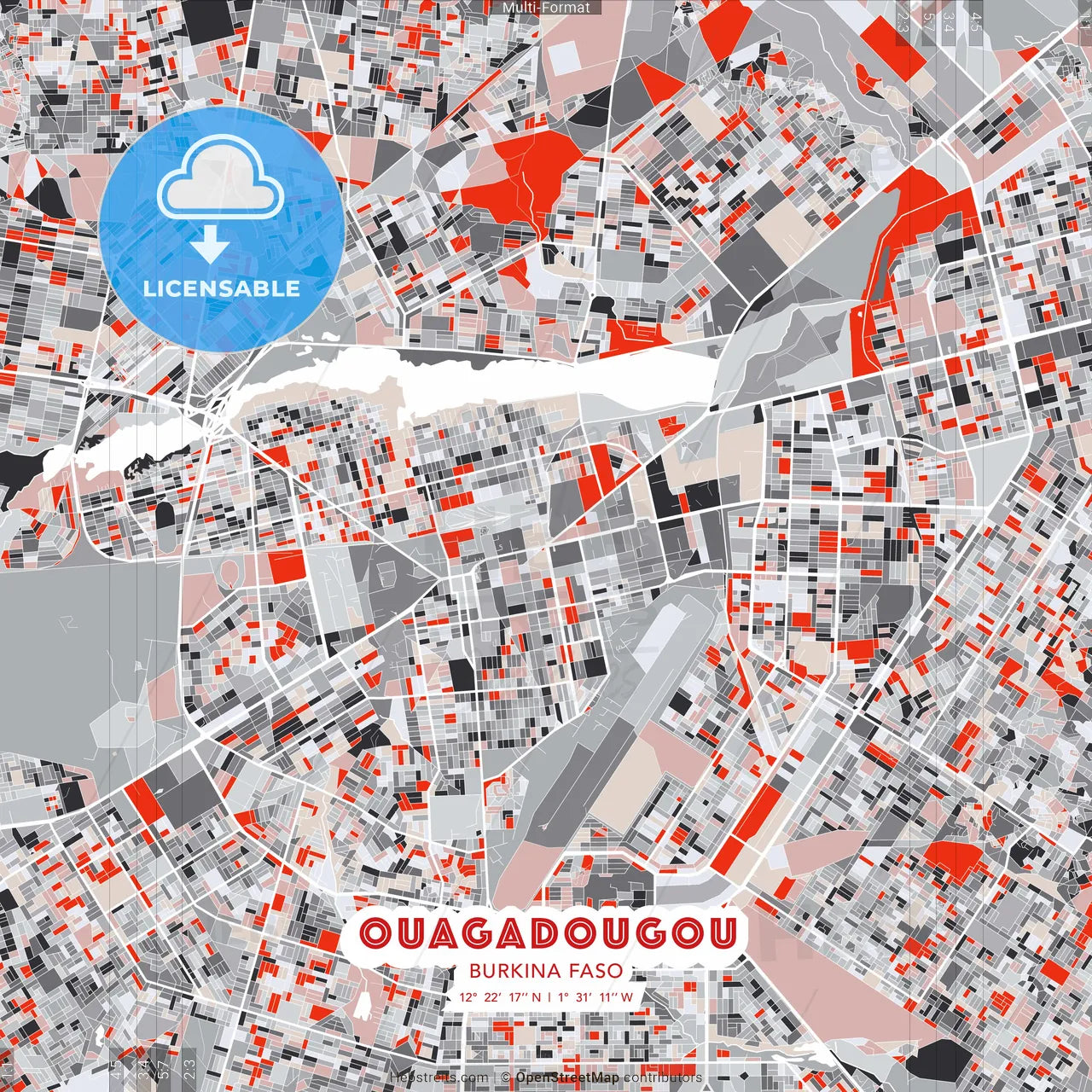 Ouagadougou, Burkina Faso - modern street map poster template with gray and red tones