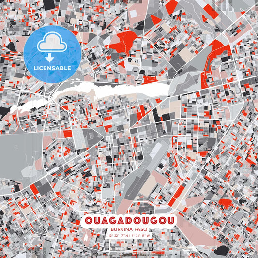 Ouagadougou, Burkina Faso - modern street map poster template with gray and red tones