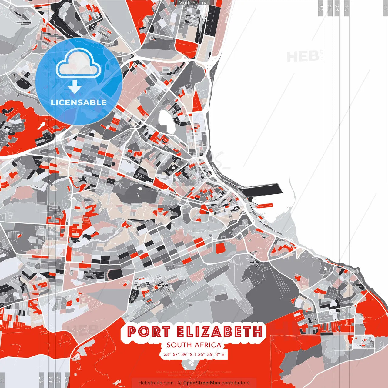 Port Elizabeth, South Africa - modern street map poster template with gray and red tones