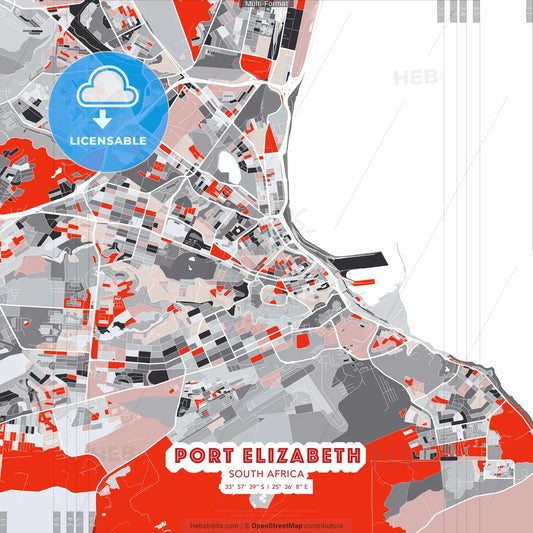 Port Elizabeth, South Africa - modern street map poster template with gray and red tones