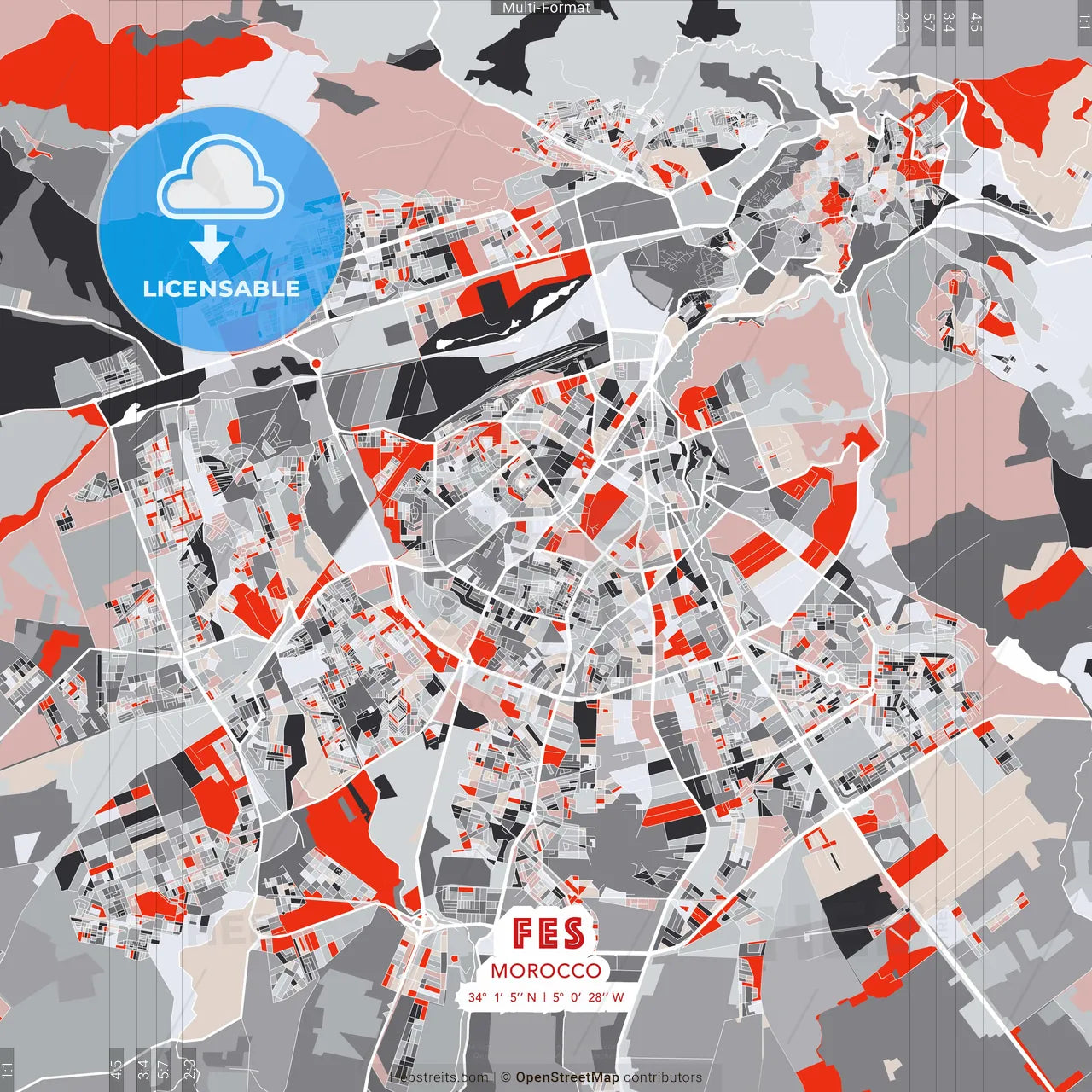 Fes, Morocco - modern street map poster template with gray and red tones