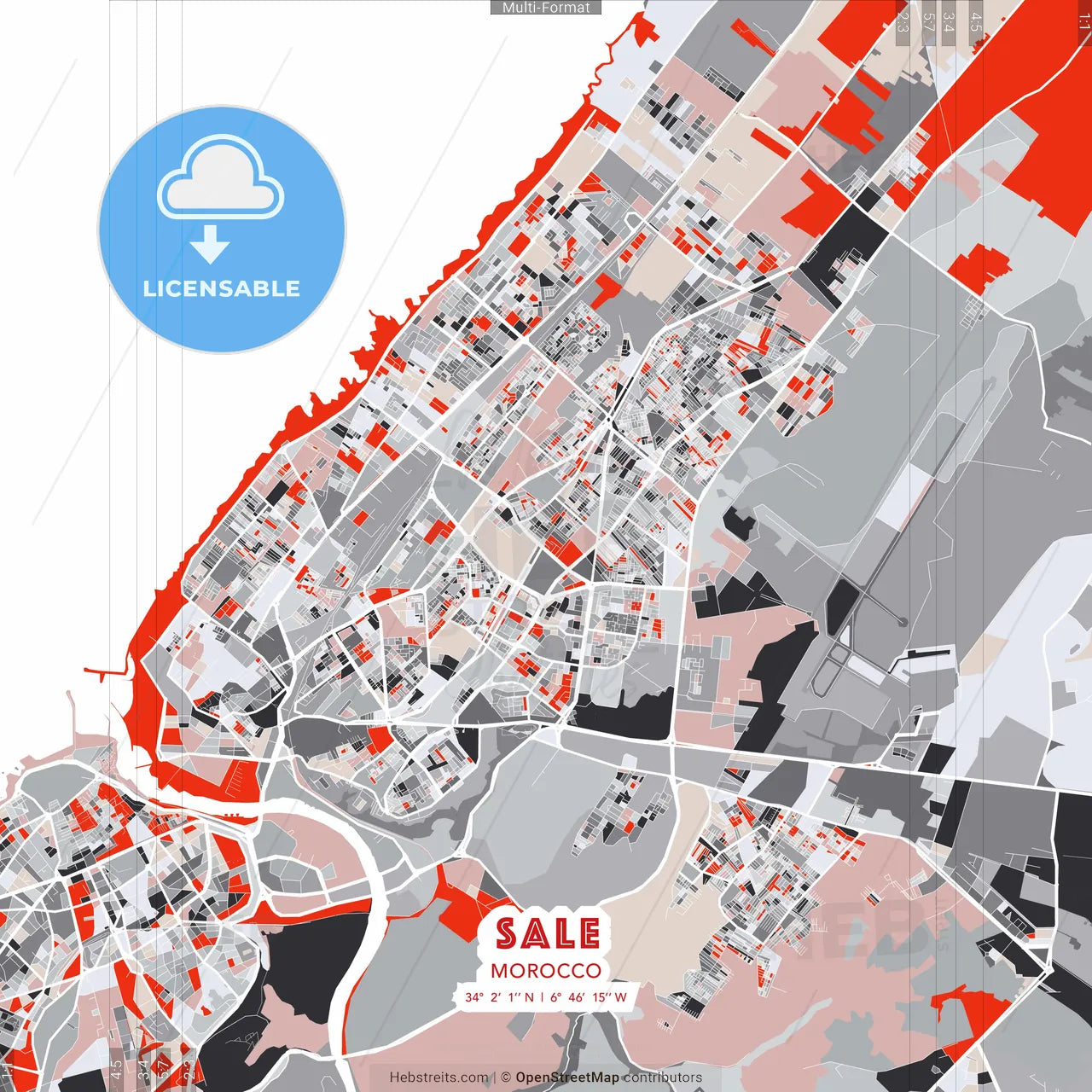Sale, Morocco - modern street map poster template with gray and red tones