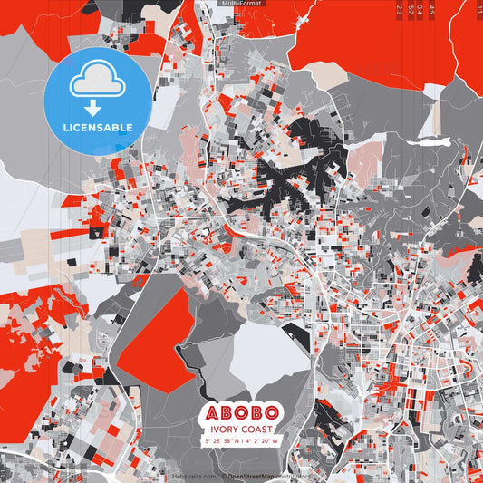 Abobo, Ivory Coast - modern street map poster template with gray and red tones