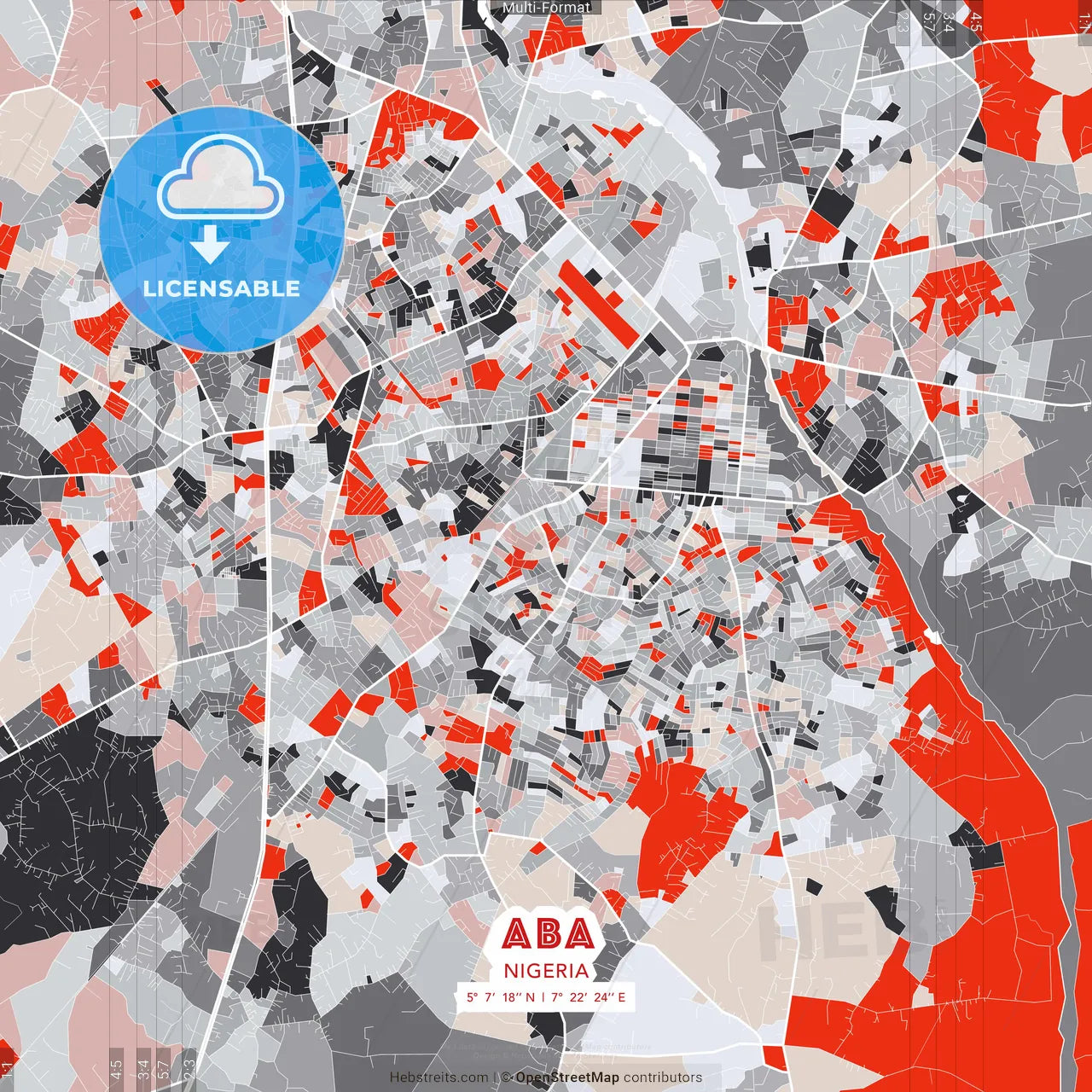 Aba, Nigeria - modern street map poster template with gray and red tones