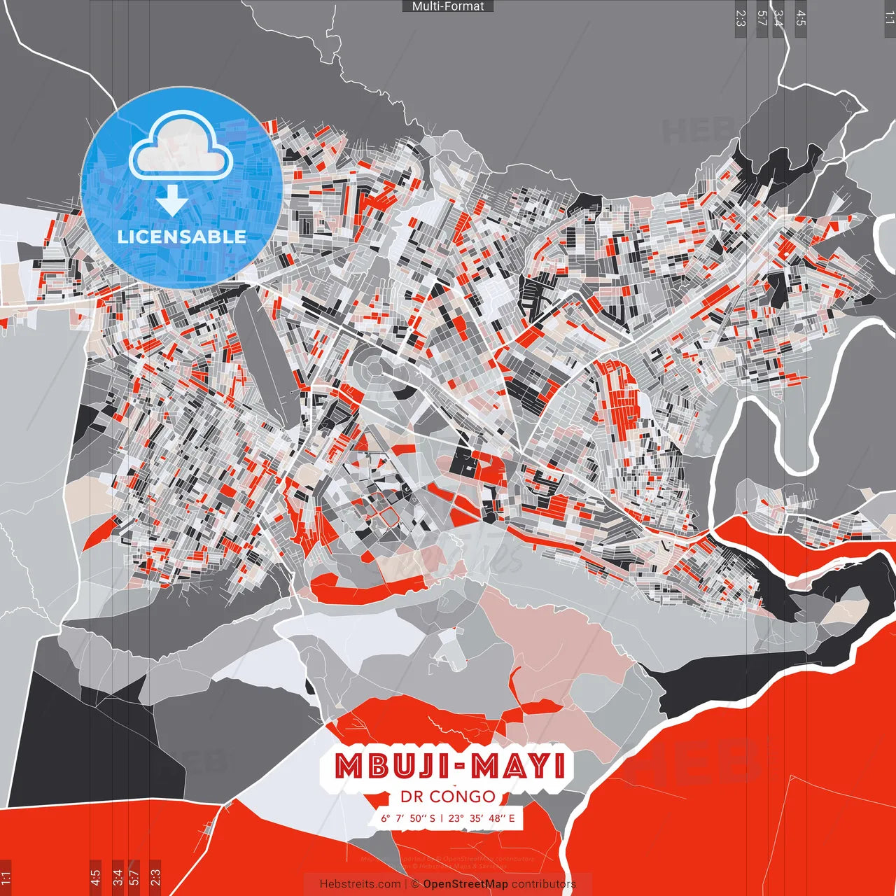 Mbuji-Mayi, DR Congo - modern street map poster template with gray and red tones