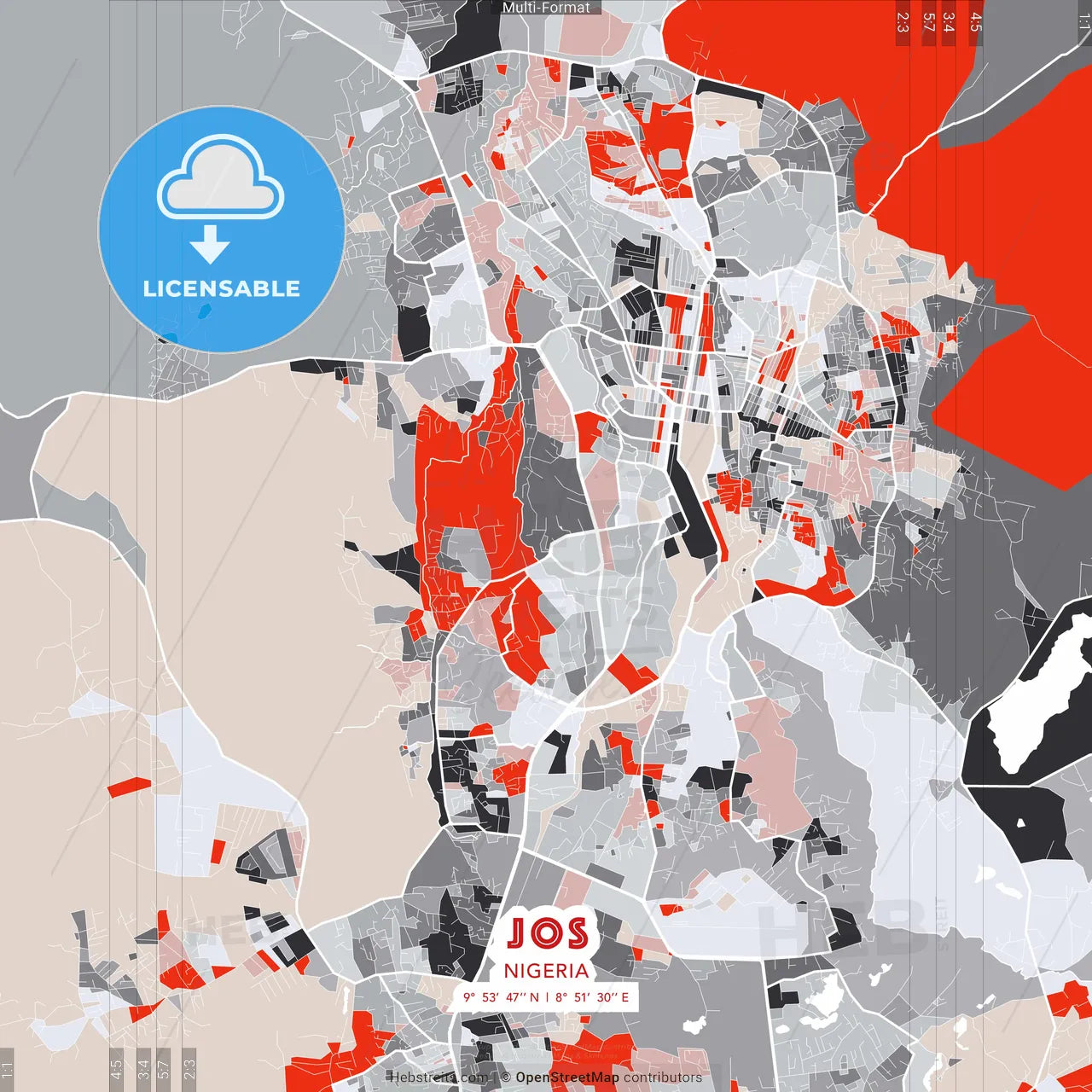Jos, Nigeria - modern street map poster template with gray and red tones