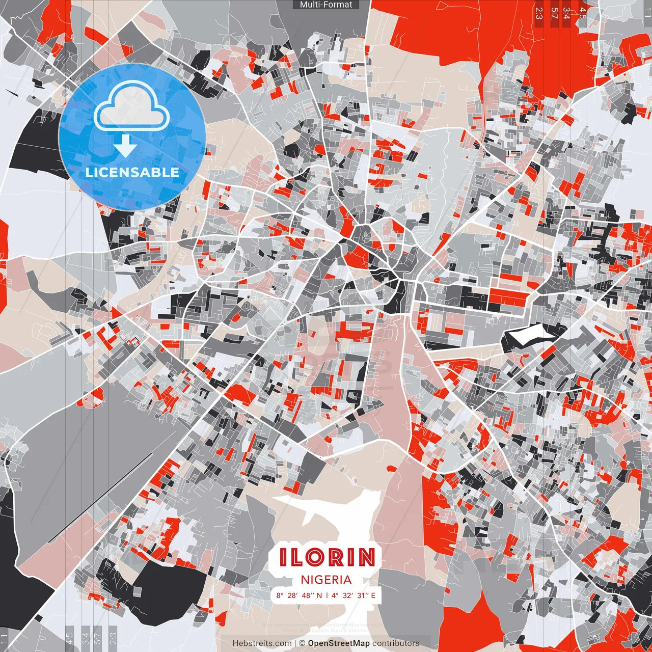 Ilorin, Nigeria - modern street map poster template with gray and red tones