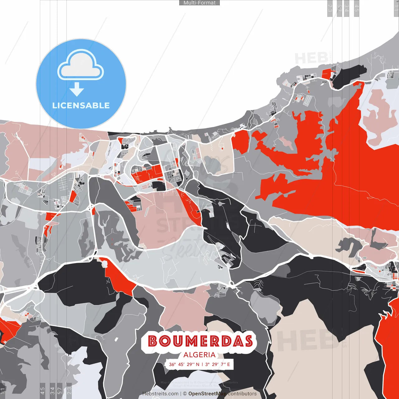 Boumerdas, Algeria - modern street map poster template with gray and red tones