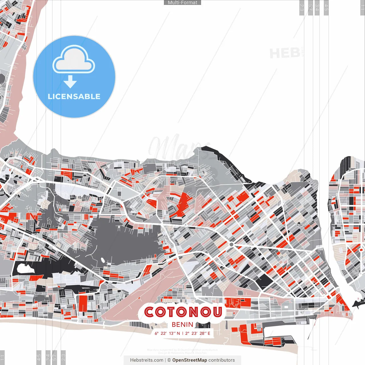 Cotonou, Benin - modern street map poster template with gray and red tones