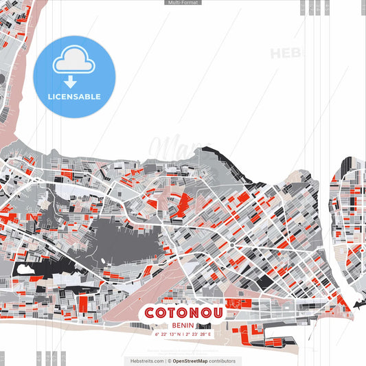 Cotonou, Benin - modern street map poster template with gray and red tones