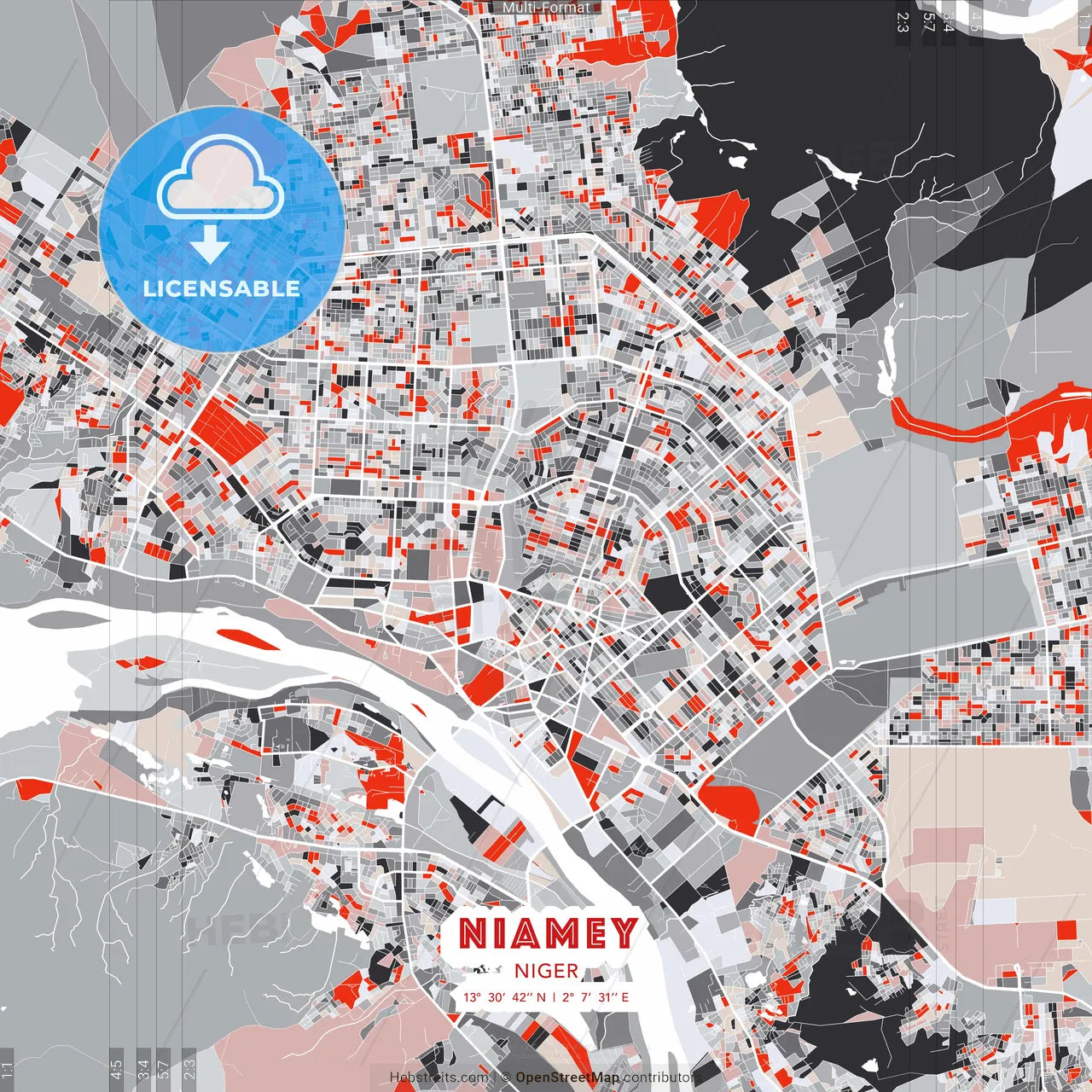 Niamey, Niger - modern street map poster template with gray and red tones