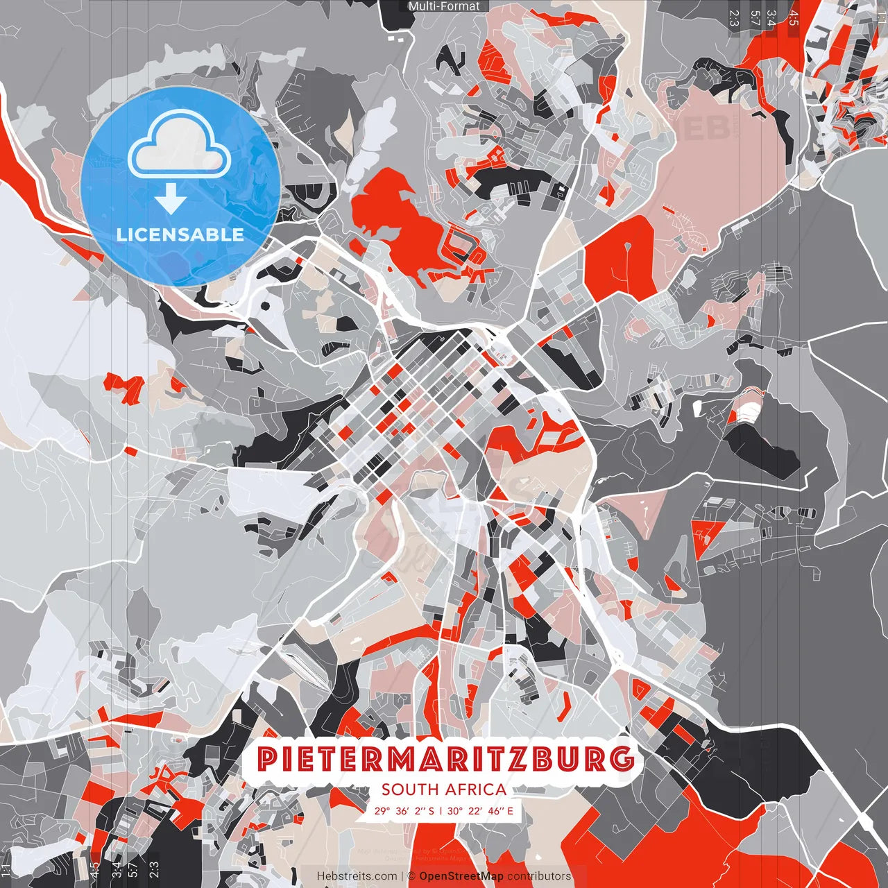 Pietermaritzburg, South Africa - modern street map poster template with gray and red tones