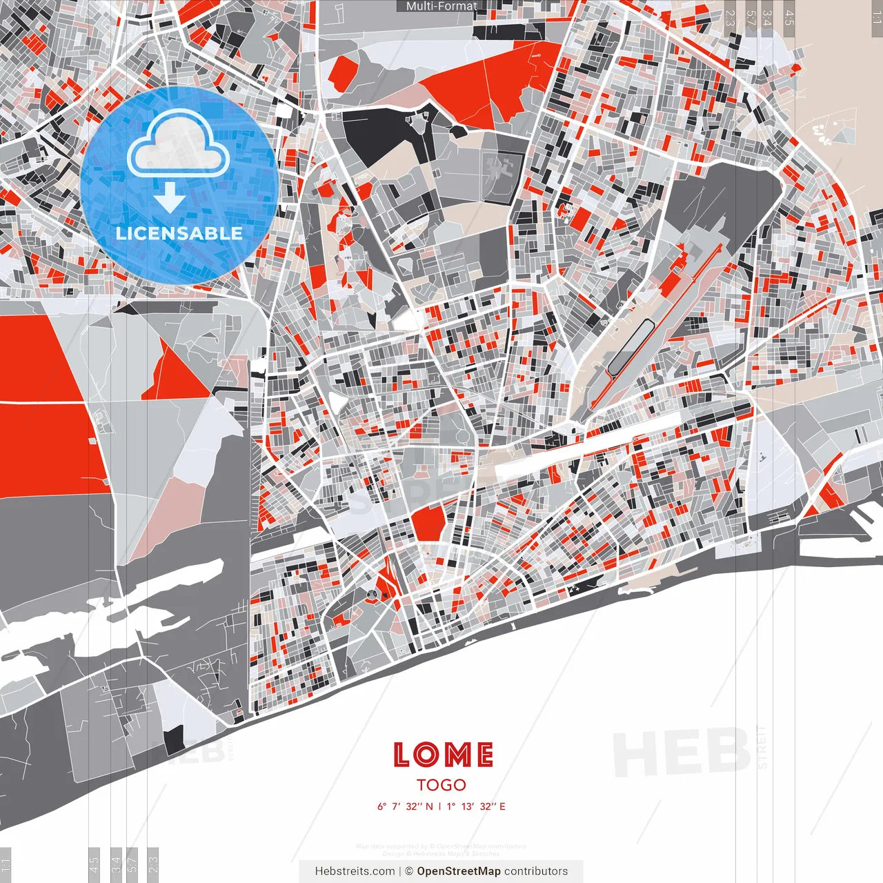 Lome, Togo - modern street map poster template with gray and red tones
