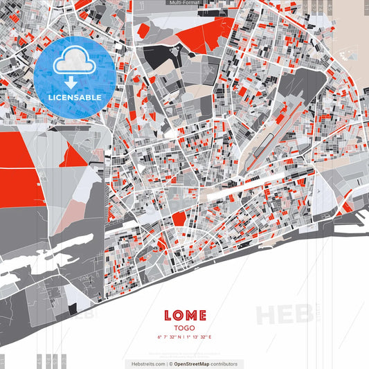 Lome, Togo - modern street map poster template with gray and red tones