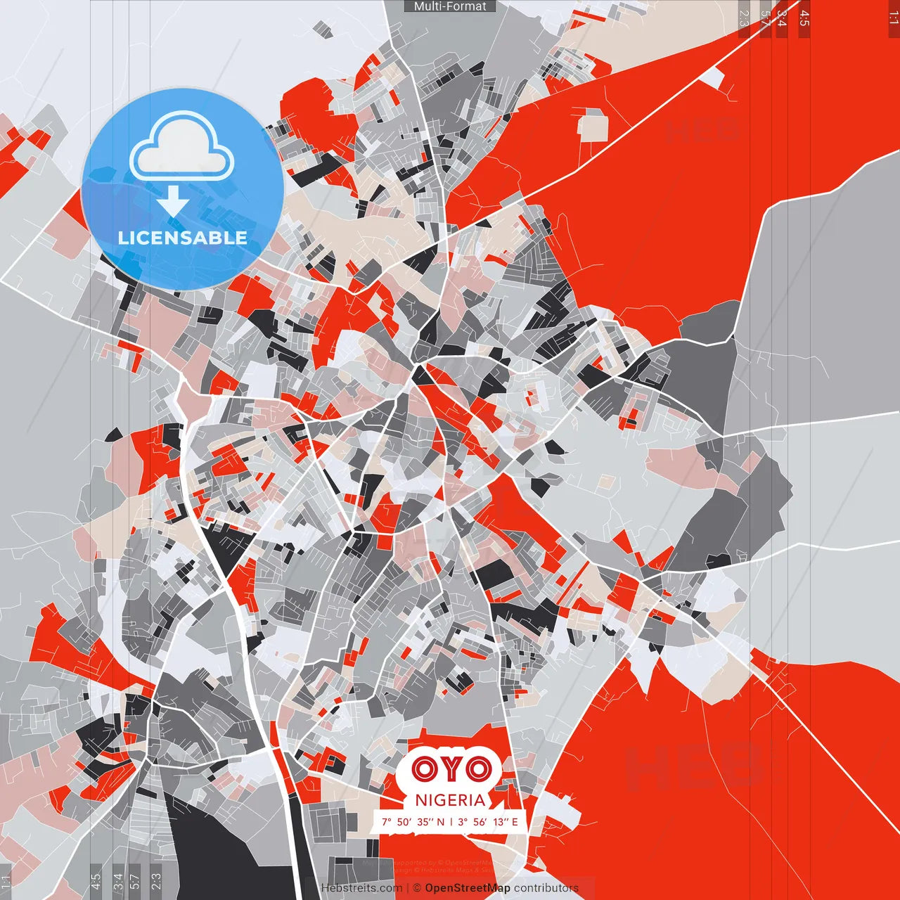 Oyo, Nigeria - modern street map poster template with gray and red tones