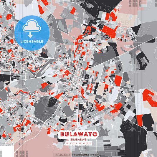 Bulawayo, Zimbabwe - modern street map poster template with gray and red tones