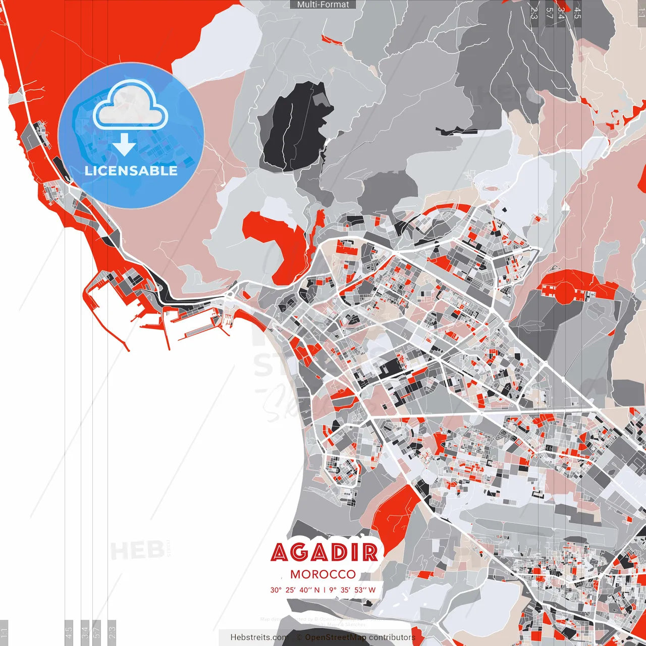 Agadir, Morocco - modern street map poster template with gray and red tones