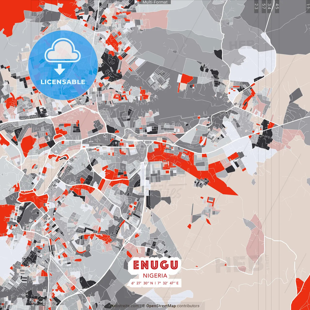 Enugu, Nigeria - modern street map poster template with gray and red tones