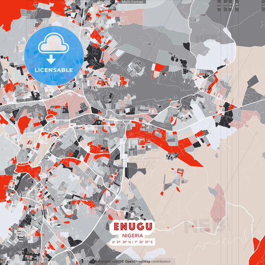 Enugu, Nigeria - modern street map poster template with gray and red tones