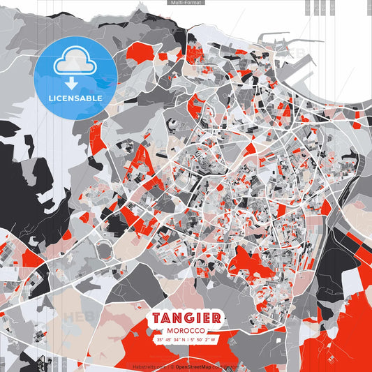Tangier, Morocco - modern street map poster template with gray and red tones