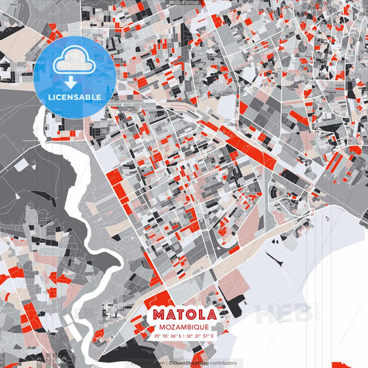 Matola, Mozambique - modern street map poster template with gray and red tones