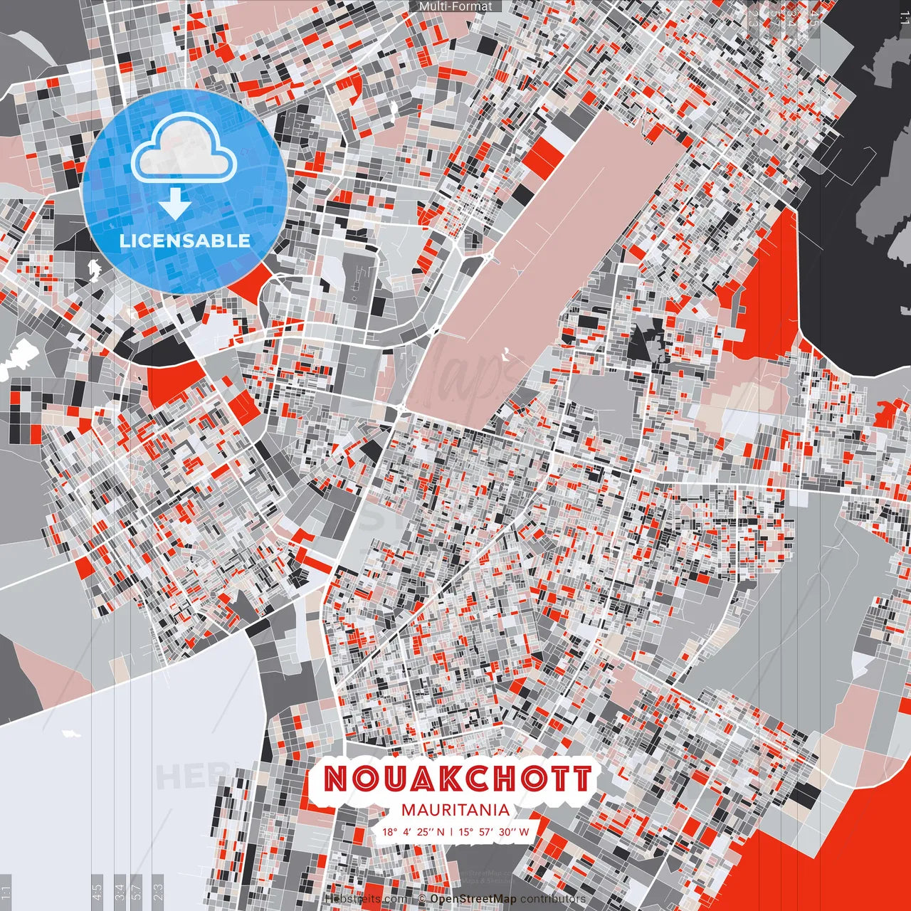 Nouakchott, Mauritania - modern street map poster template with gray and red tones