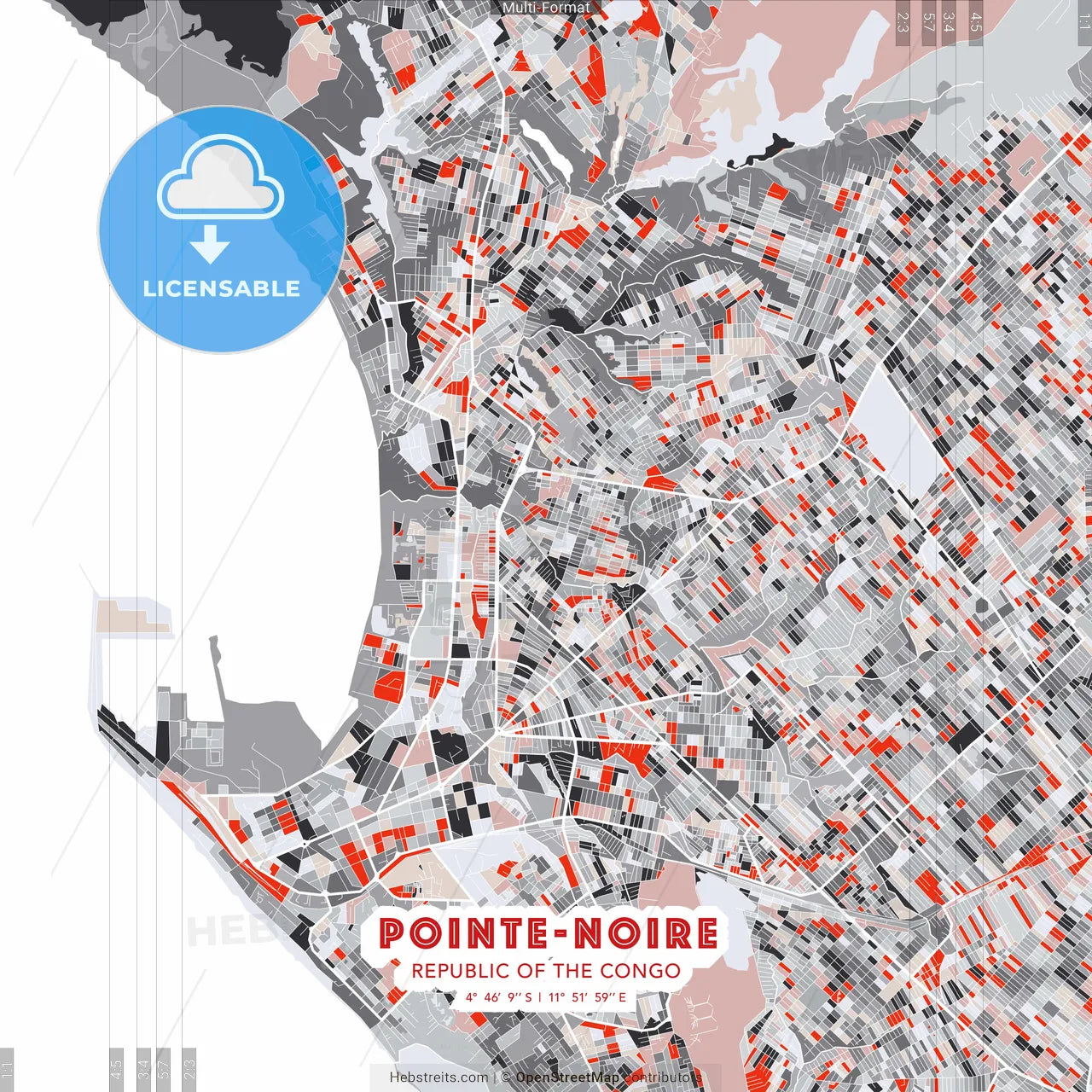 Pointe-Noire, Republic Of The Congo - modern street map poster template with gray and red tones