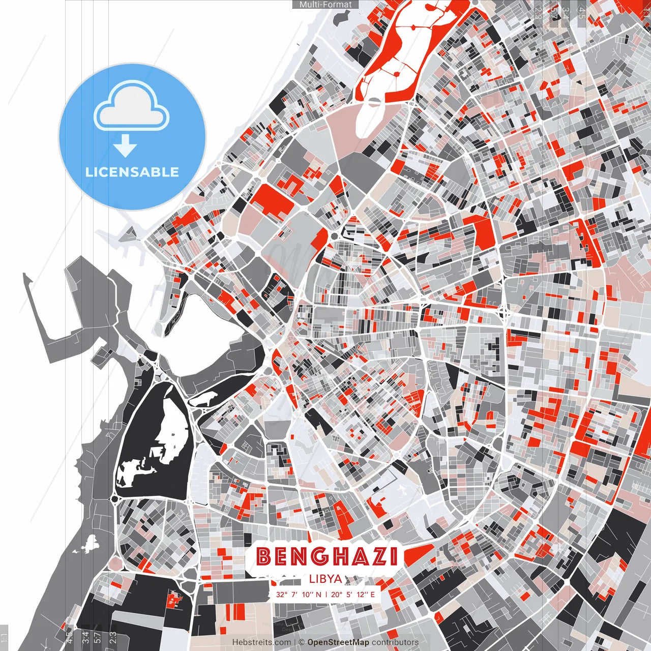 Benghazi, Libya - modern street map poster template with gray and red tones