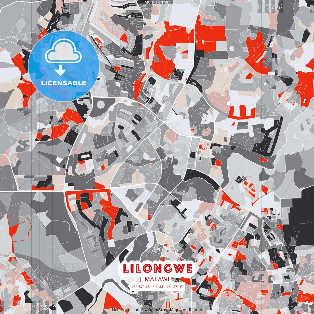 Lilongwe, Malawi - modern street map poster template with gray and red tones