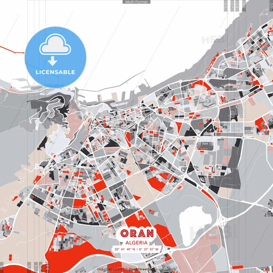 Oran, Algeria - modern street map poster template with gray and red tones