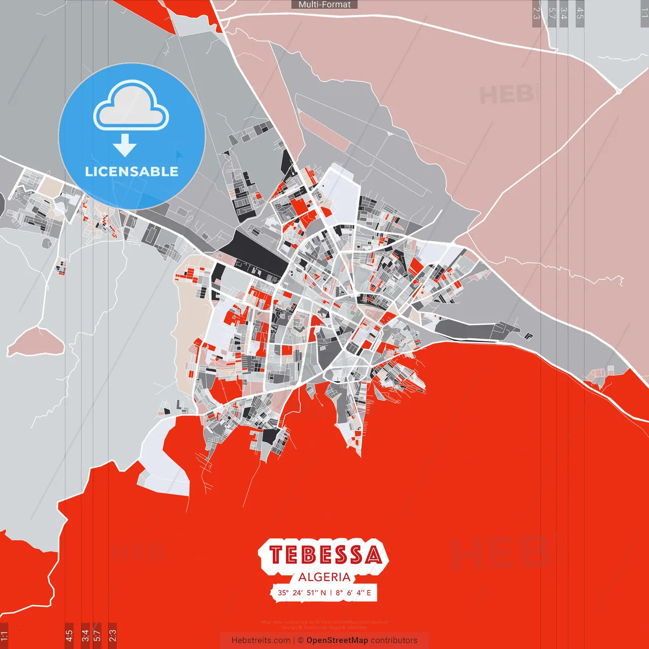 Tebessa, Algeria - modern street map poster template with gray and red tones