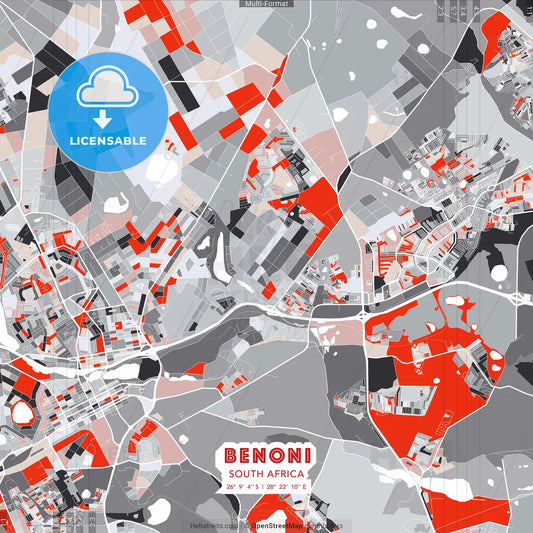 Benoni, South Africa - modern street map poster template with gray and red tones
