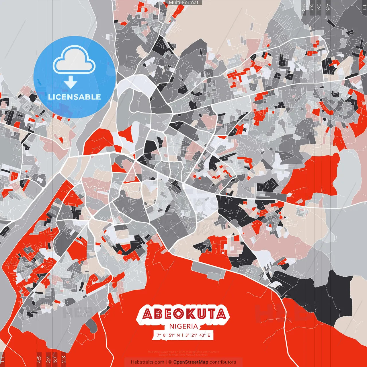Abeokuta, Nigeria - modern street map poster template with gray and red tones