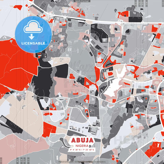 Abuja, Nigeria - modern street map poster template with gray and red tones