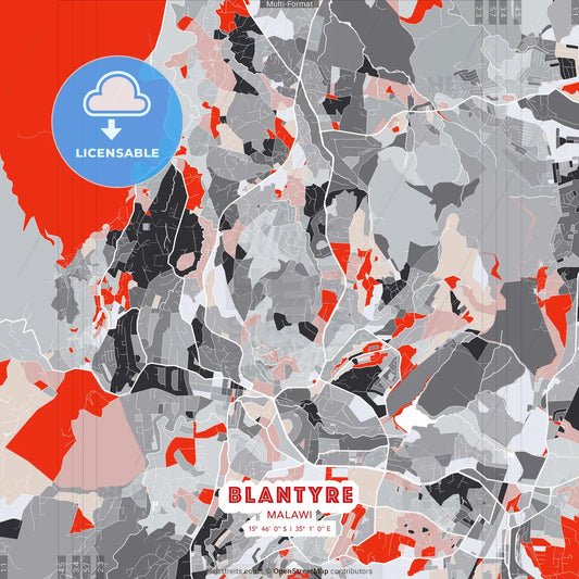Blantyre, Malawi - modern street map poster template with gray and red tones
