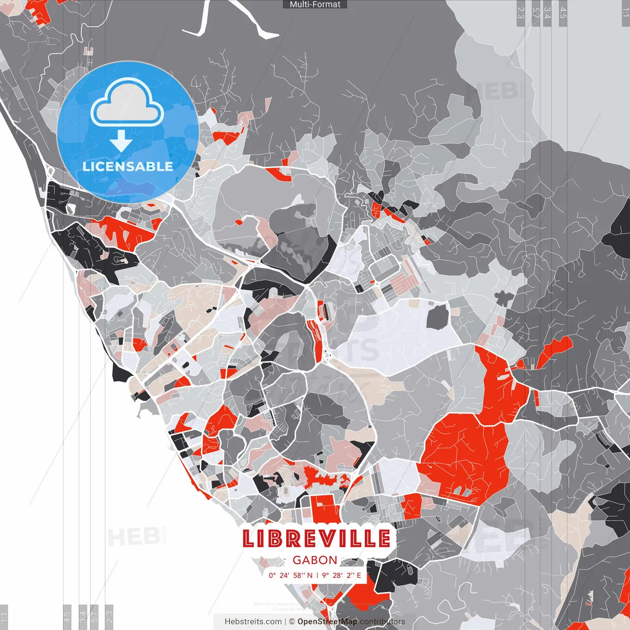 Libreville, Gabon - modern street map poster template with gray and red tones